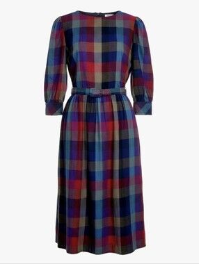 Vintage Sears 1970s Plaid Midi Dress XS/S Belted Puff Sleeve